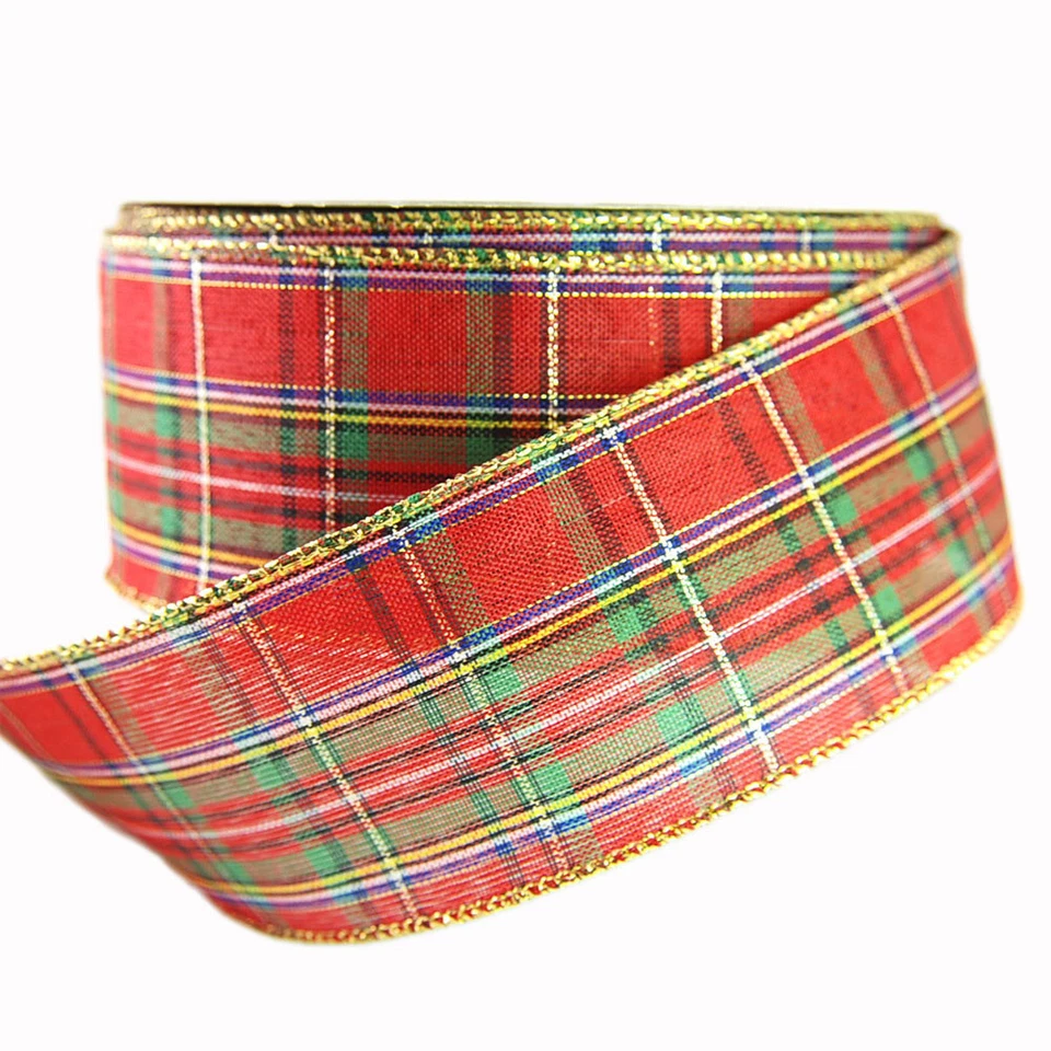 Традиционная клетчатая красная, зеленая, синяя и желтая клетчатая рождественская лента с проволочной кромкой - Изображение 1 из 1