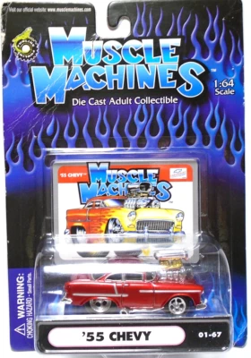 2000 FUNLINE MUSCLE MACHINES '55 雪佛兰红色 1: 64 压铸 3 英寸吹制汽车带银色 — 第 1/4 张图片