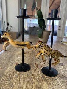 2 PIER 1 AFRICAN ANIMAL CANDLE HOLDERS (,GAZELLE, CHEETAH) - Picture 1 of 6