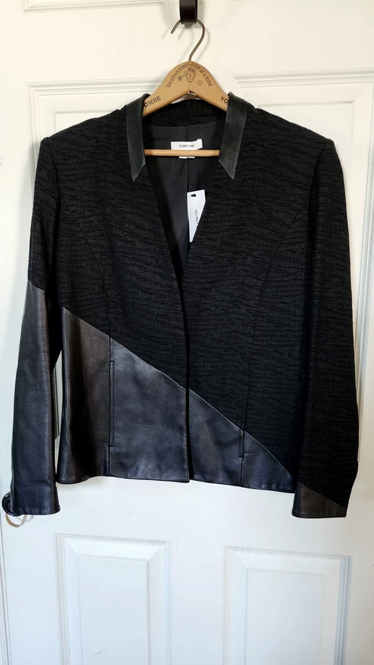 NUEVO CON ETIQUETAS Casco Lang Para Mujer Negro Tela Bloque Asimétrico Tweed Cuero Chaqueta 2 Foto 1 de 4