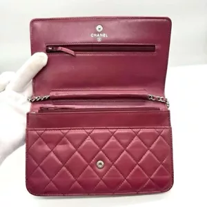 CHANEL Matelasse Classic Chain Wallet Lambskin Leather Wine Red Women's Used - Picture 1 of 10