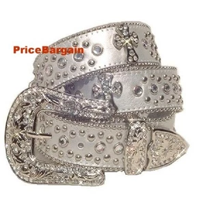 Western Strass Kristall Silber Kreuz Leder Druckknopf Schnalle Gürtel L ML - Bild 1 von 1