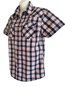 Urban Pipeline Western Shirt with Pearl Snaps Navy Blue & Pink Plaid Adult S 38" - Picture 1 of 7