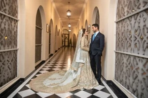 Ice Blue Pakistani Wedding Walima Gown With golden Embroidery With Custom made - Picture 1 of 12