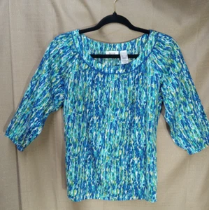 Liz & Co Women’s Size Small Blue + Green  3/4 Sleeve 100% Cotton Top - Picture 1 of 5