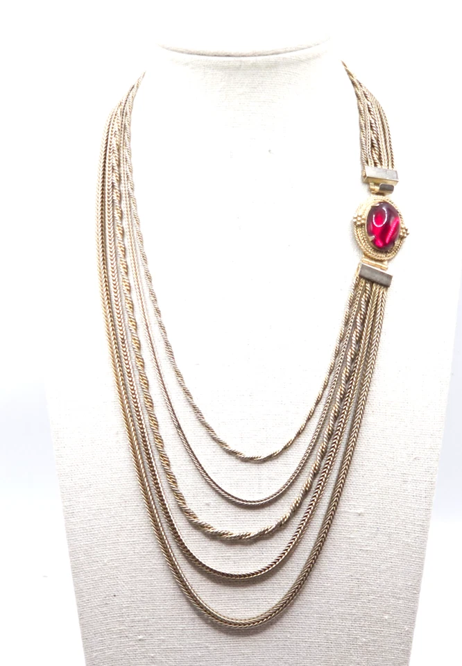 Hattie Carnegie Large Red Cabochon Gold Tone Multi-stranded Necklace Vintage - Image 1 of 4