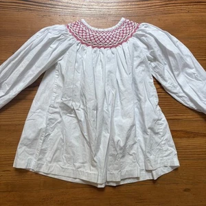 Shrimp & Grits Kids white cotton red smocked long sleeve shirt SIZE 7 - Picture 1 of 6