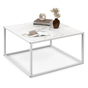 Modern Square Coffee Table Faux Marble Tabletop & Steel Frame White - Picture 1 of 9