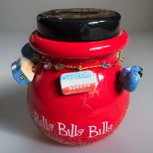 Barattolo/Piggy Bank in ceramica "Bills Bills Bills" cambio monete con coperchio e charms - Foto 1 di 14