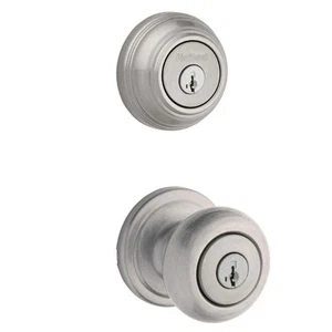 Combo de perilla de puerta de entrada de níquel satinado y cerrojo de doble cilindro Kwikset Juno 💥 - Imagen 1 de 6