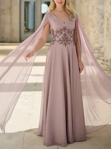 Chiffon Kleider für die Brautmutter V-Ausschnitt lange Cape Ärmel Hochzeit Party Kleid - Bild 1 von 8