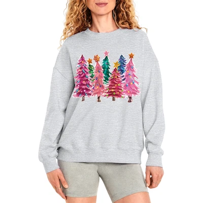 Women's Christmas Sweatshir - Pink Christmas Trees Graphic Printed Pullover Top - Image 1 of 4