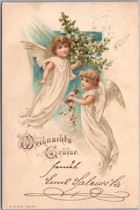 Postal de NAVIDAD Alemana de 1898 Querubines Voladores Ángeles / Árbol "Saludo de Navidad" - Imagen 1 de 2