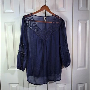 Marine XL Grand & Greene Chiffon transparente offene Spitze Bluse Arbeit Sommer luftig leicht  - Bild 1 von 9