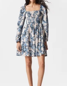 & Other Stories square neck mini dress with shirred bodice blue floral Size 4 - Picture 1 of 15