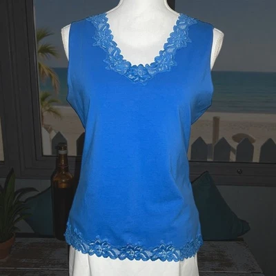 Camiseta sin mangas Coldwater Creek M 10-12 azul con ribete de encaje algodón elástico sin mangas oficina Foto 1 de 4