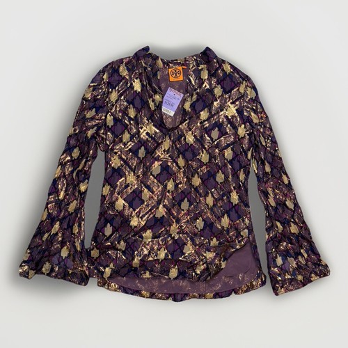 Tunica donna TORY BURCH Stephanie viola metallizzato e oro seta chiffon taglia 6