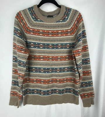 J.CREW Sweater Mens Medium Tan Orange Blue Fair Isle Stripe 100% Lambswool Soft - Image 1 of 4