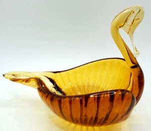 Vintage Hand Blown Amber Swan Dish Amber Trinket Candy Dish - Picture 1 of 8