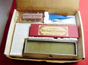 AG Russell's VTG 8" War Eagle Whetstone & Aluminum Holder Plus Two More Stones - Picture 1 of 9
