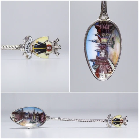 Antique Hand Painted Enamel Scenic European 800 Silver Souvenir Spoon Cover