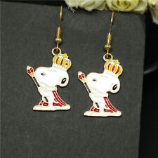 New Yellow Gold Enamel Cartoon King Prince Snoopy Charm Hook Dangle Earrings 