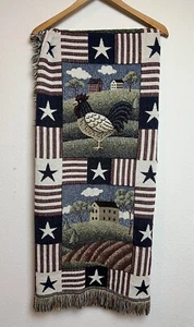Vintage Americana Country Barn Tapestry Fringe Throw Blanket Farm Pig Cow Silo - Picture 1 of 9