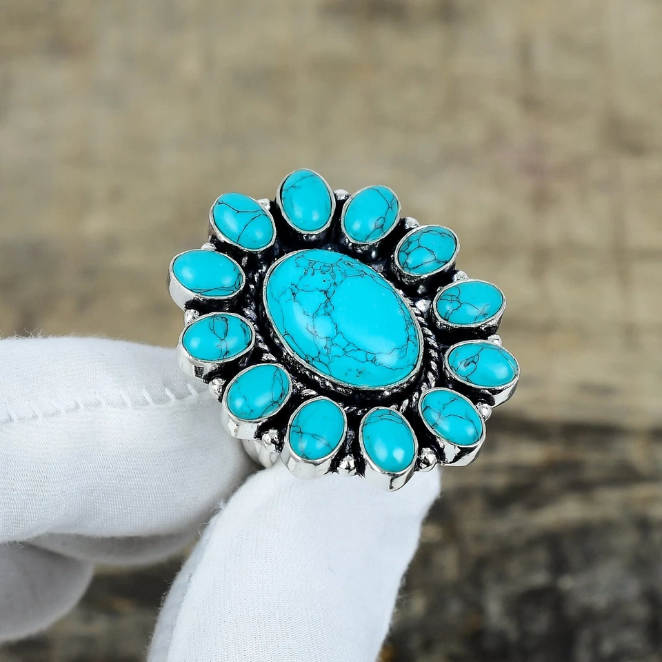 Beautiful Turquoise Gemstone Ring Handmade 925 Sterling Silver Jewelry For Gifts - Image 1 of 4
