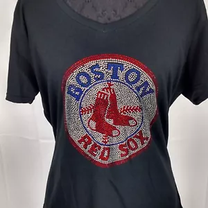 Women's Boston Red Sox Rhinestone baseball Vneck T-Shirt Tee Bling Lady - Picture 1 of 1