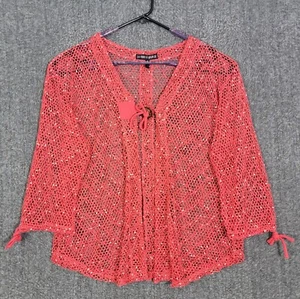 Mistror Image Top Womens XL Red Open Knit Crochet Cardigan Boho Beach Cover Up - Picture 1 of 13