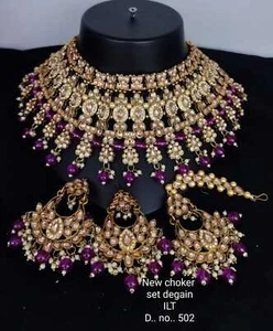 Indische Braut Hochzeit Schmuck Gold Perle Kristall Diamant Halskette Ohrring Set - Bild 1 von 26