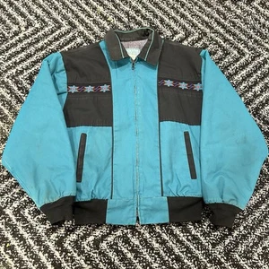 Vintage Aqua Aztec Western Blanket-Lined Jacket Made in USA 90s Mens Sz Medium - Picture 1 of 10