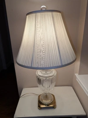 Vintage 30" Ethan Allen Clear Cut Crystal Urn Table Lamp /OG White Pleated Shade - Image 1 of 4