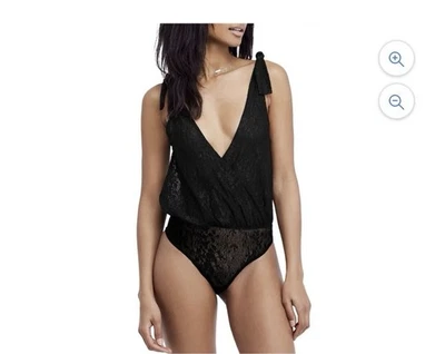 Free People Women’s Black Lace Plunging Bodysuit Small NWT Sexy Deep V Thong - Image 1 of 3
