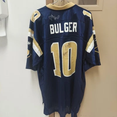 Camiseta deportiva azul Marc Bulger con múltiples letreros autografiados de los St. Louis Rams, #20 McAllister Foto 1 de 4