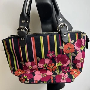 Talbots Black Red Floral Stripe Handbag Purse Cotton Canvas Shoulder Bag Zip VTG - Picture 1 of 9