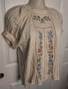Bohme  Womens Size Large Ivory Embroidered Floral Peasant Top Cottage Couture  - Picture 1 of 12