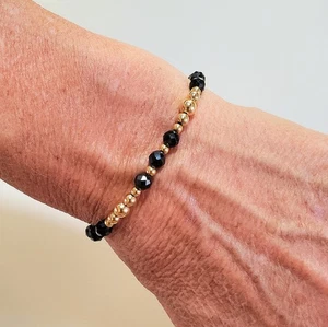 5 mm Schwarz Turmalin 14 Karat Massiv Gelb oder Rotgold Karabiner Perlen Armband - Bild 1 von 11