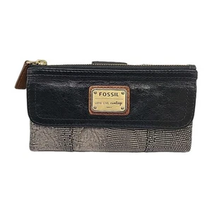 Fossil Long Live Vintage 1954 Black Soft Lamb Leather Bi Fold Wallet Brown Cream - Picture 1 of 7