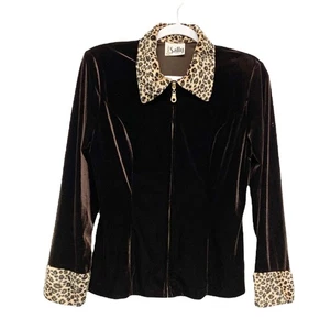 Vintage Sally Womens Brown Velvet Leopard Fur Trim Zip Up Jacket - Picture 1 of 5