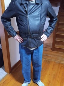 Men's Large German "Highway 1" Brand Black Leather Motorcycle Jacket - Picture 1 of 8