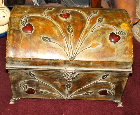 Antique Metal Treasure Chest Trunk Rounded Lid Applied Apples Leaves Large Trunk Cover