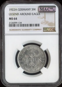 1922 A Germany 3 Mark NGC MS64 Legend Around Eagle Quality - Picture 1 of 2
