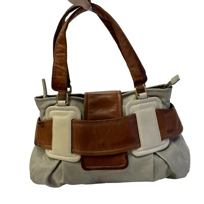 Vtg Style Sondra Roberts 2 Tone Bone Brown Leather Hand Bag BOHO Shoulder Purse - Image 1 of 4