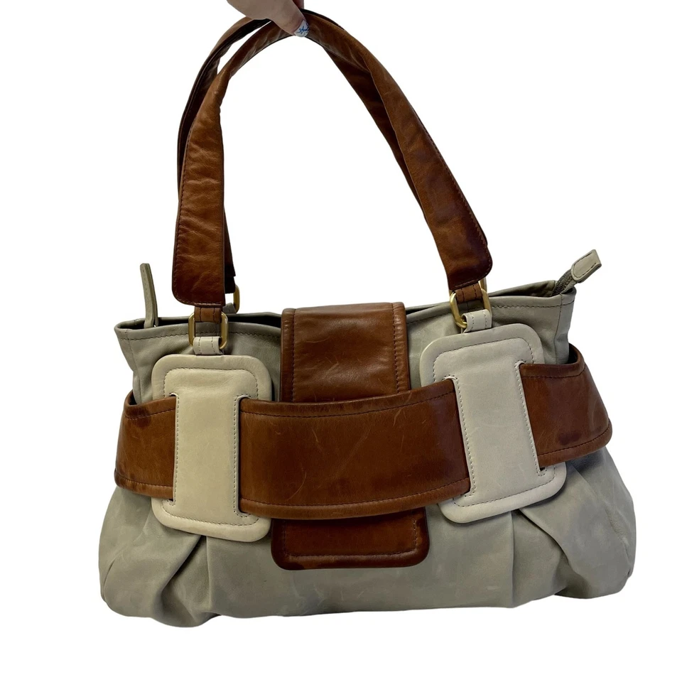 Vtg Style Sondra Roberts 2 Tone Bone Brown Leather Hand Bag BOHO Shoulder Purse - Image 1 of 4