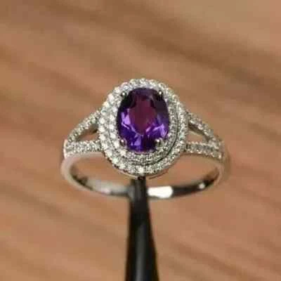 3 Ct Oval Cut Amethyst Lab-Created Women Split Shank Ring 14K White Gold Plated - Image 1 of 4