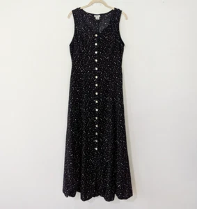 Vintage Y2K gepunktetes Midikleid Knopfleiste V-Ausschnitt ärmellos schwarz Große L - Bild 1 von 8