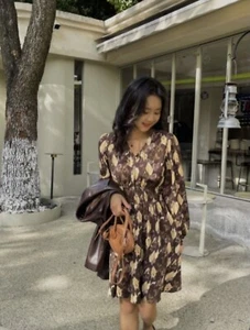 Long-Sleeve V-Neck Floral Mini A-Line dress/Plain Faux Leather Crop Biker Jacket - Picture 1 of 3