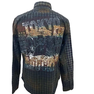 Guess Vintage Tokyo Hard Rock Slim Men's Size M Check Acid Washed Casual Shirt - Picture 1 of 12