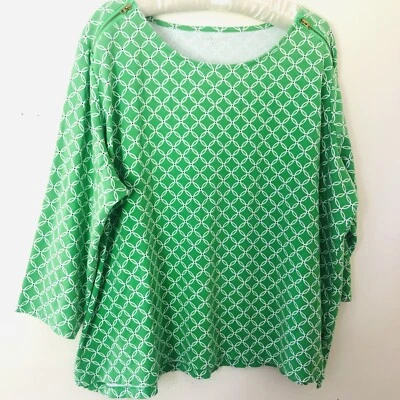 女式 3X 上衣绿色几何图案 3/4 袖 Kim Rogers 棉拉链口音 — 第 1/4 张图片